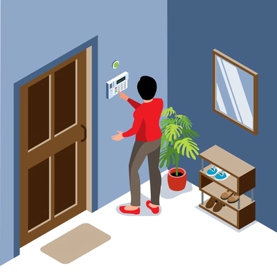 Isometric home security composition with indoor interior scenery and woman pushing buttons on house intercom remote vector illustration