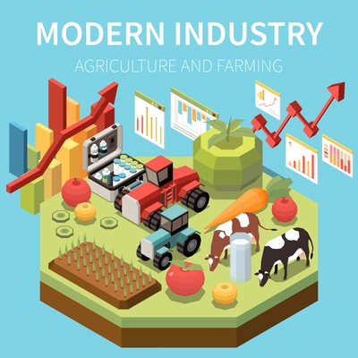 Modern industry new technologies in agriculture and farming 3d isometric composition on blue background vector illustration