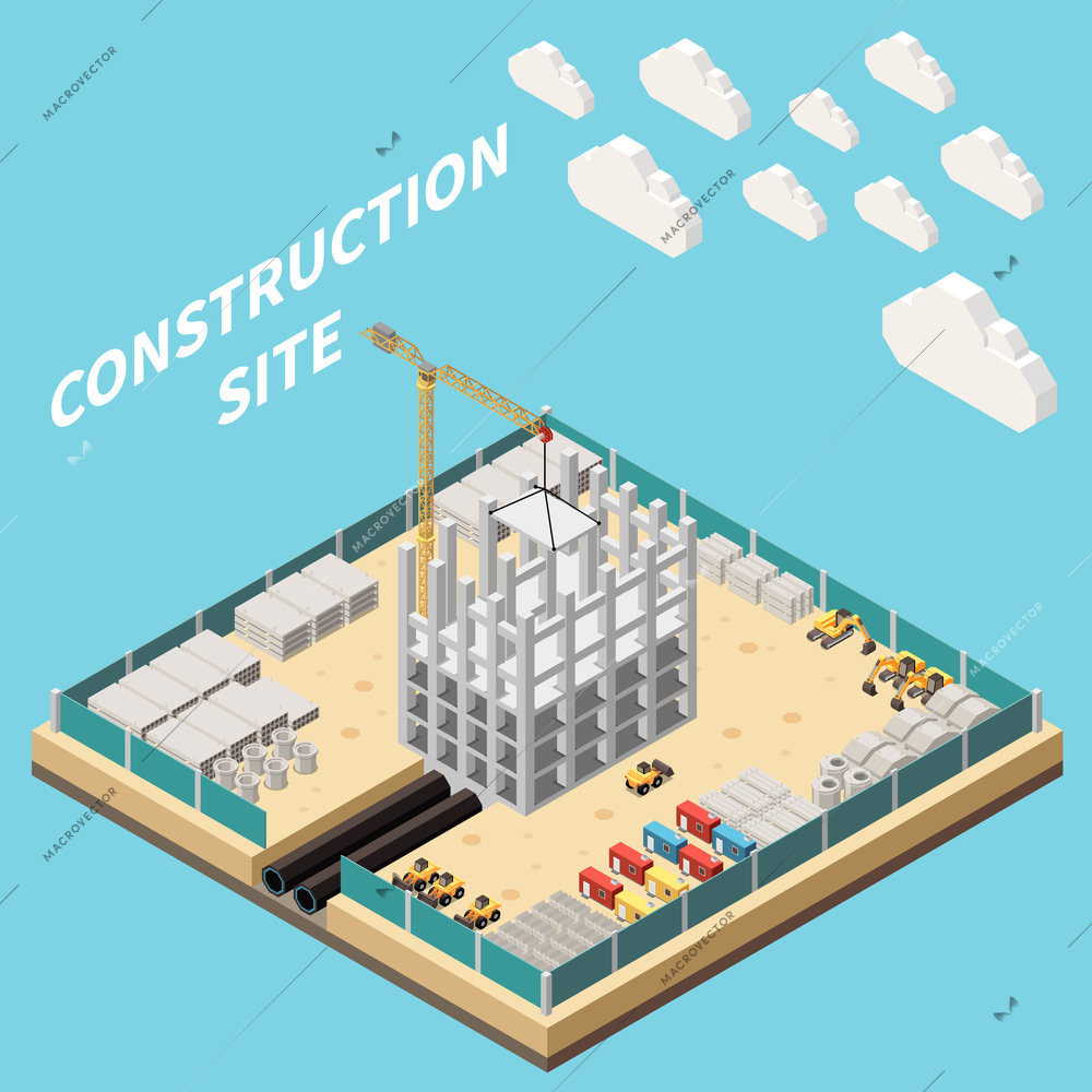 Isometric skyscraper construction site with building materials and machinery on blue background 3d vector illustration