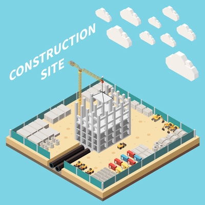 Isometric skyscraper construction site with building materials and machinery on blue background 3d vector illustration