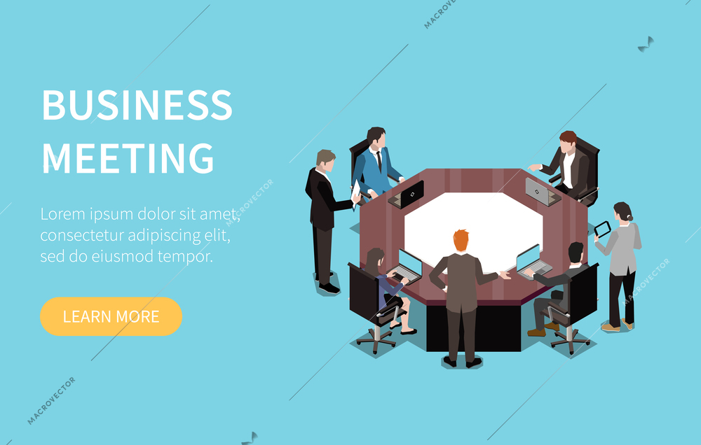 Business meeting isometric web page banner template with group of business people during teamwork in office vector illustration