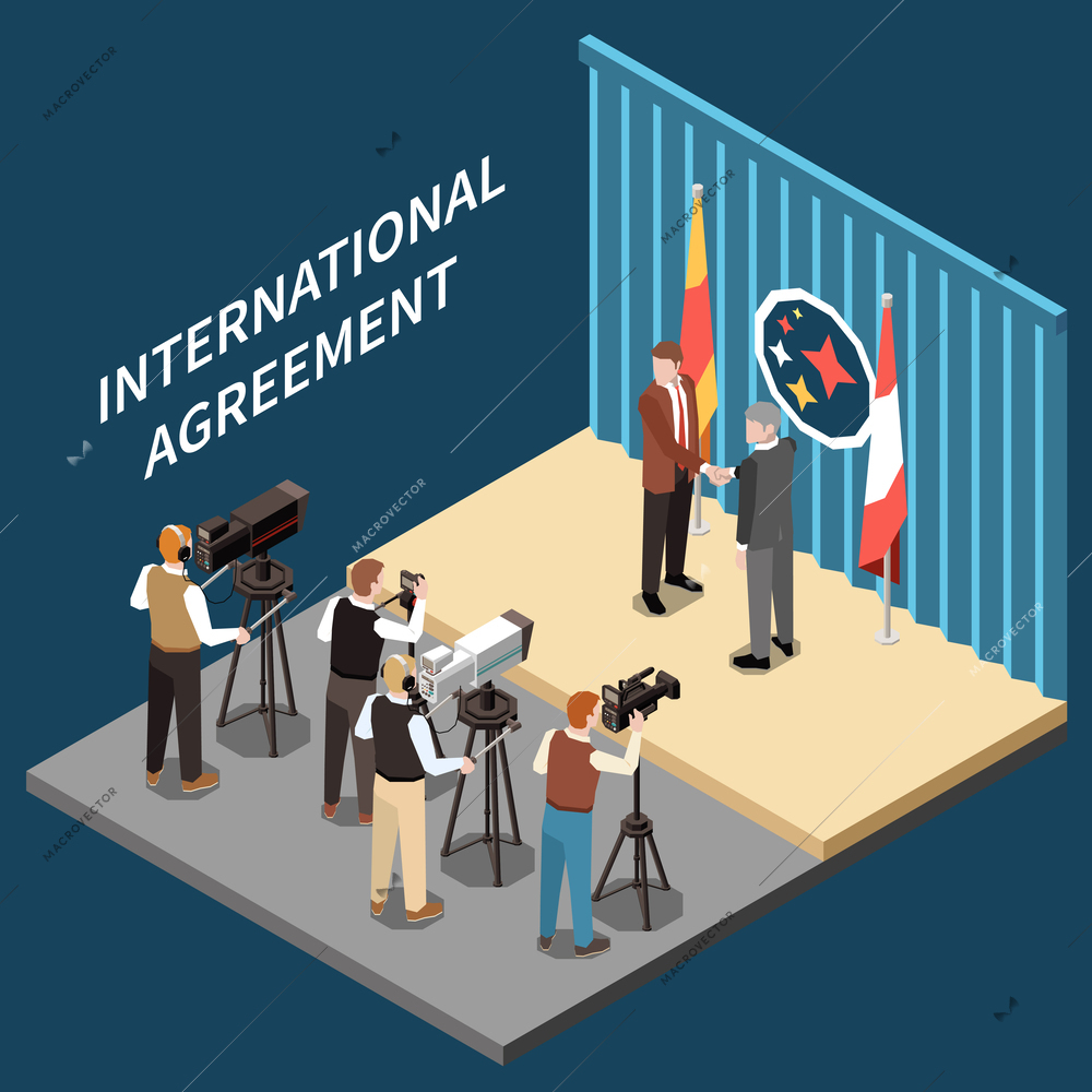 Political international agreement isometric composition with reporters shooting two male politicians shaking hands vector illustration