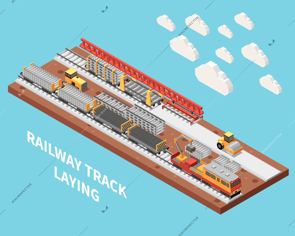 Railway track laying railroad construction 3d isometric vector illustration