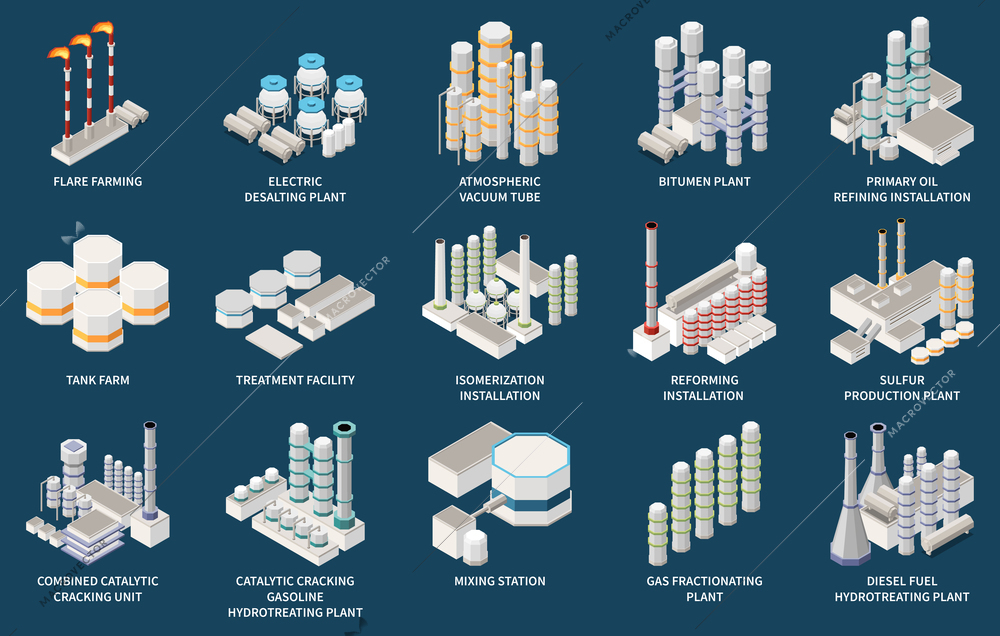 Oil refinery facilities isometric icons set isolated on dark blue background 3d vector illustration