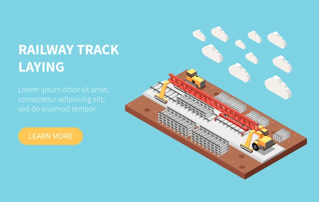 Process of railroad building and track laying 3d isometric light blue background web banner with learn more button vector illustration