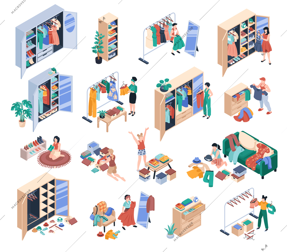 Wardrobe organization isometric set of women tidying up their closet and sorting clothes isolated vector illustration