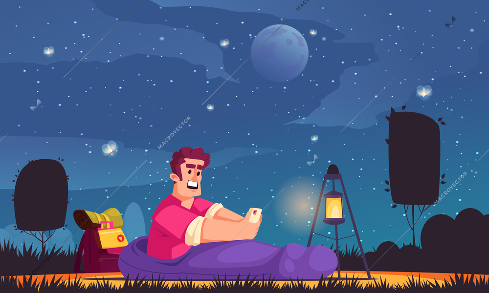 Man going to sleep on camping site under starry sky flat vector illustration