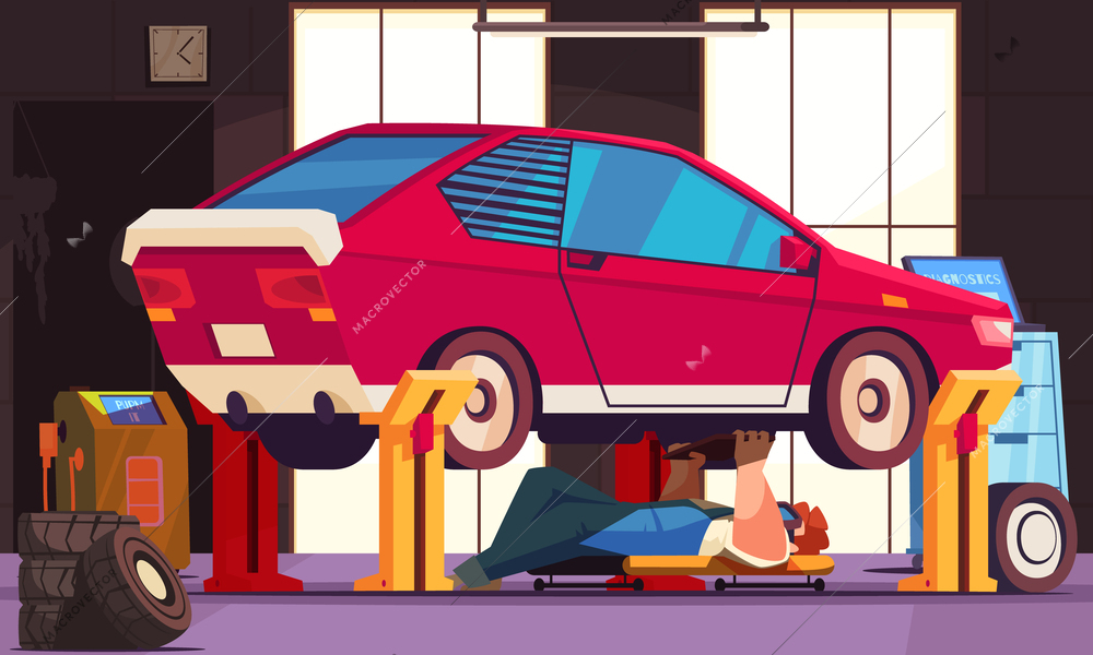 Auto service garage with mechanic fixing car flat vector illustration