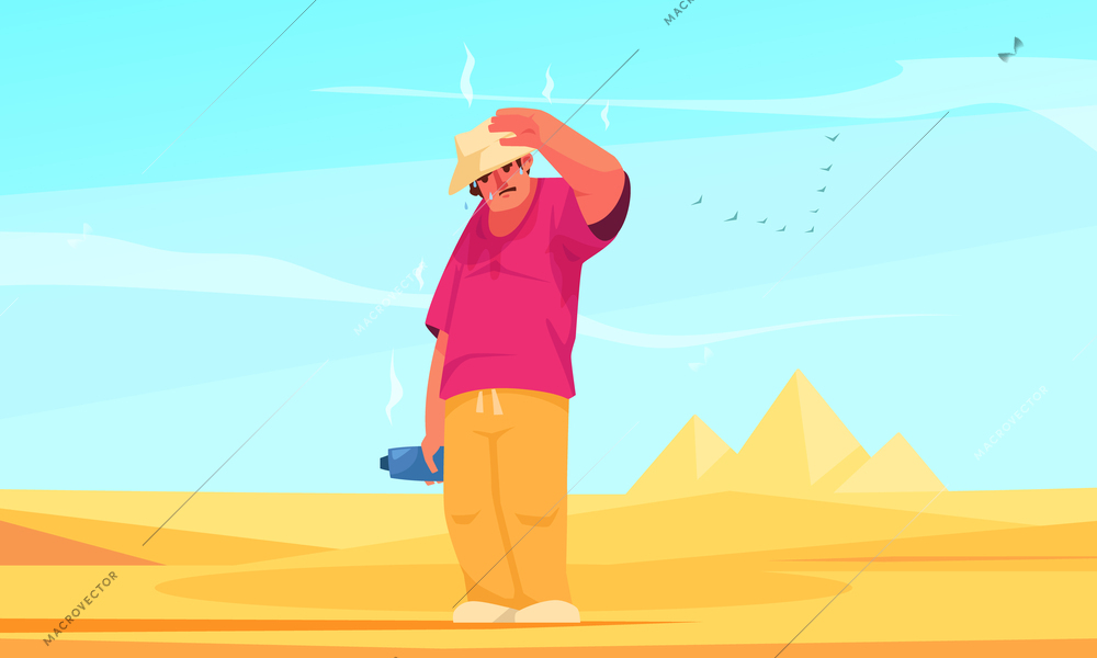 Hot weather flat poster man suffering from heat against african pyramids background vector illustration
