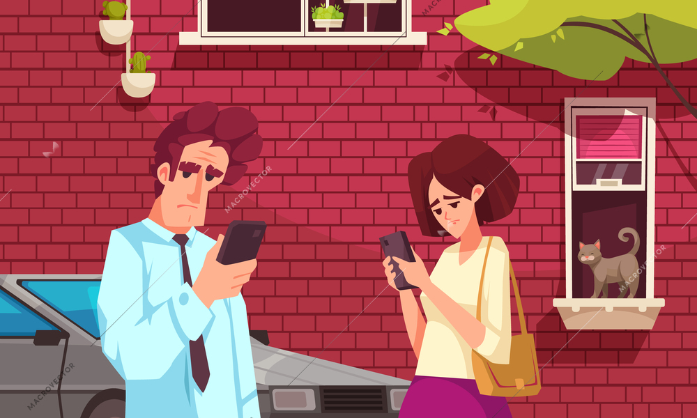 Gadget addiction vector illustration with family couple looking in smartphones near house and car