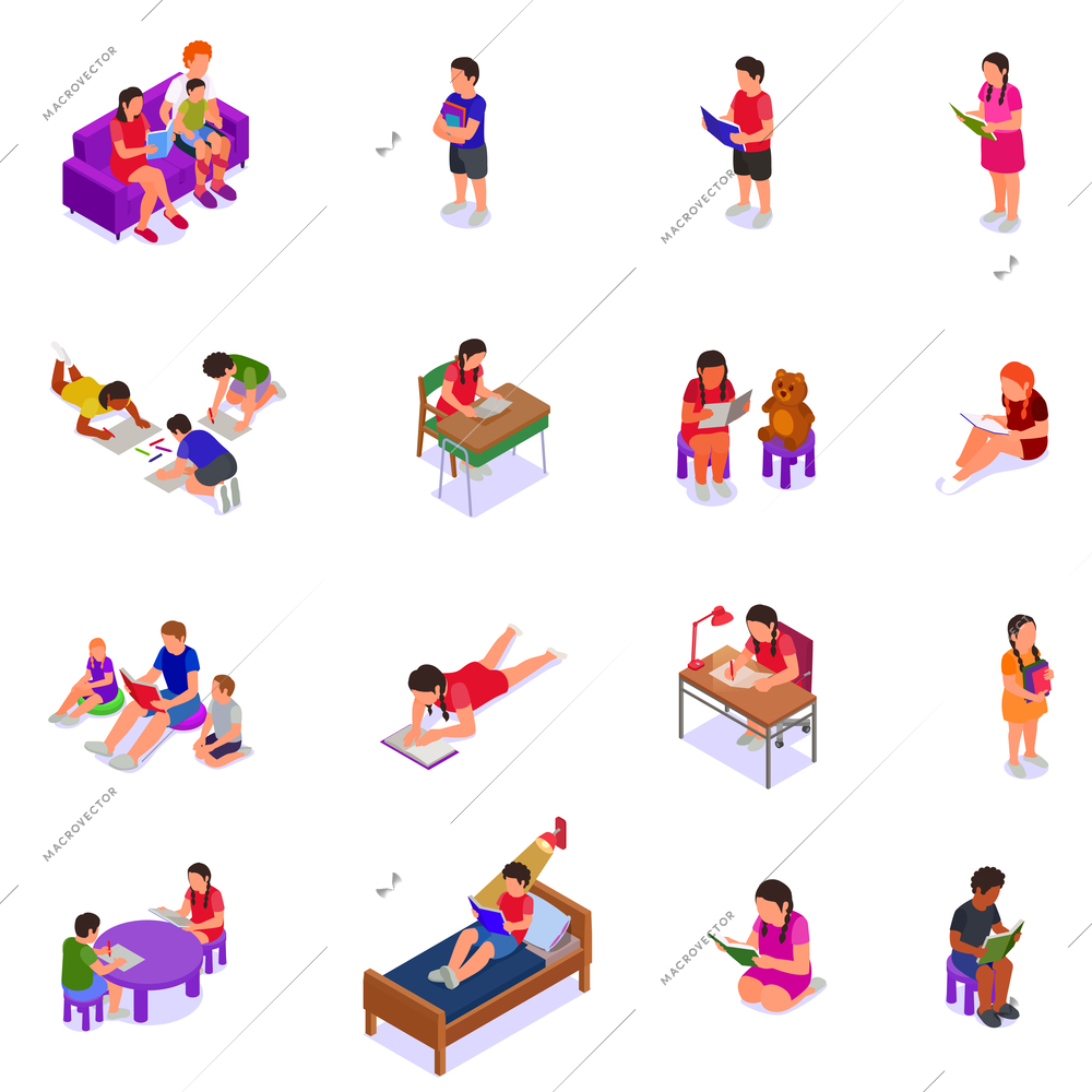 Children reading learning drawing isometric icon set children read lying down standing up sitting down with adult friends and alone vector illustration