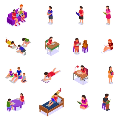 Children reading learning drawing isometric icon set children read lying down standing up sitting down with adult friends and alone vector illustration