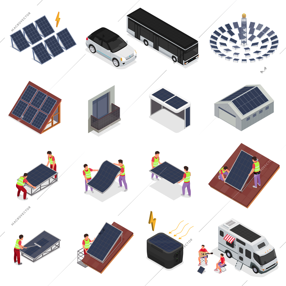 People installing and using solar panels isometric icon set solar panels and electric vehicles of various sizes and applications vector illustration
