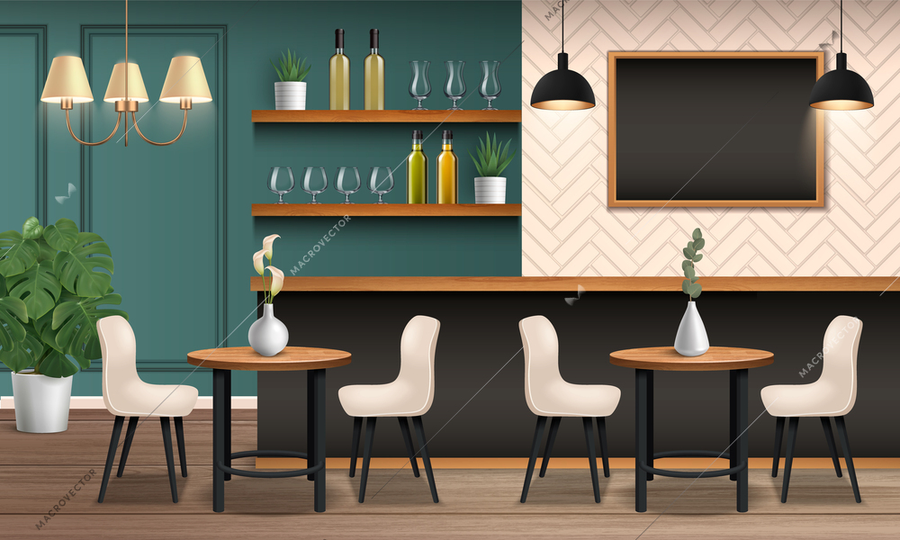 Cafe interior realistic composition with restaurant furniture vector illustration