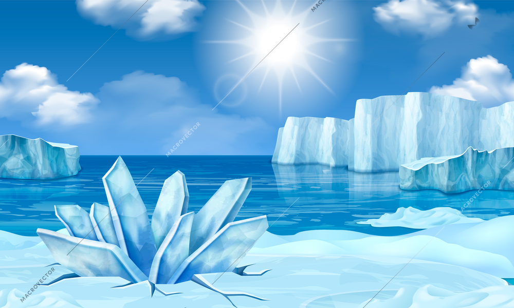 Iceberg glacier realistic comsposition with shiny winter landscape vector illustration