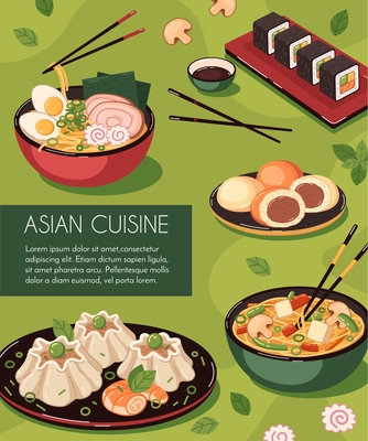 Asian food cartoon composition with chinese dumpling and soup bowls vector illustration