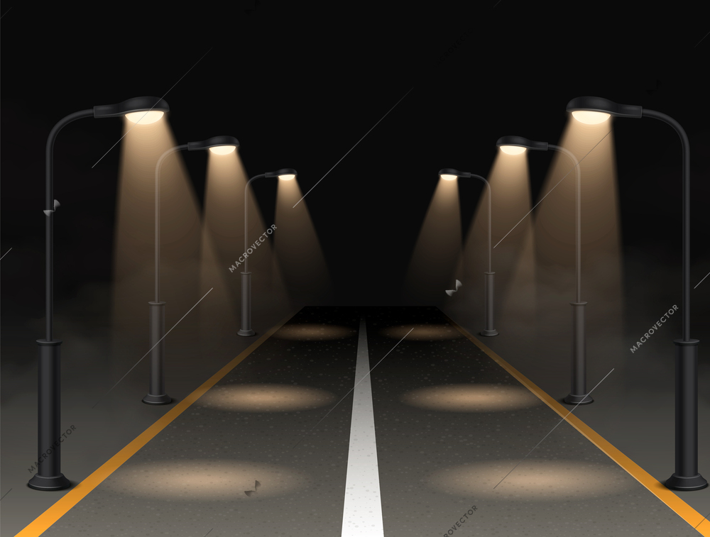 Street lamp realistic composition with night street lights vector illustration