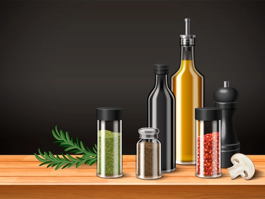 Kitchen spices and seasonings in dispensers on table realistic concept vector illustration