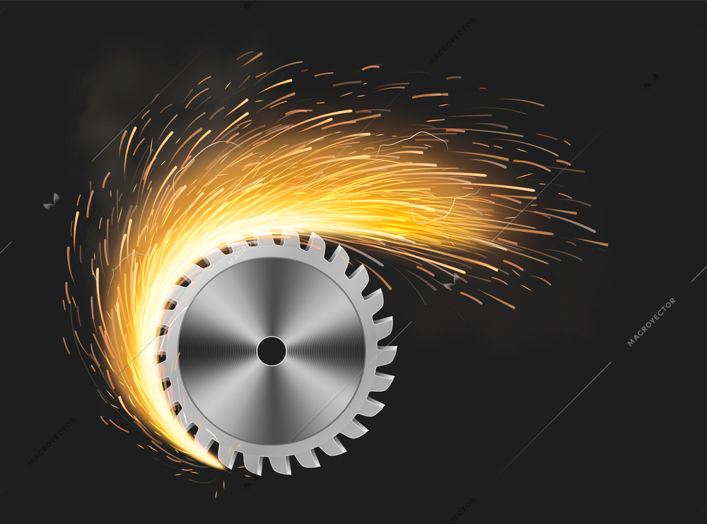 Metal welding sparks realistic composition with iron cutting buzz saw vector illustration