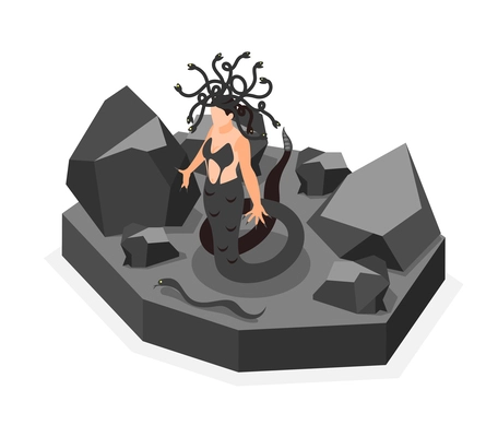 Fairy tale creatures isometric composition gorgon medusa with hair and tail of snake among stones vector illustration