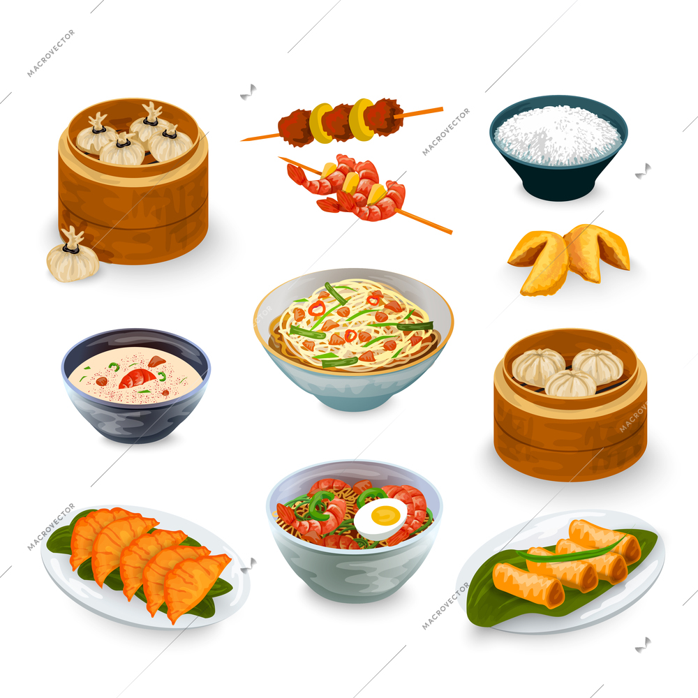 Asian food decorative icons set with fortune cookies isolated vector illustration