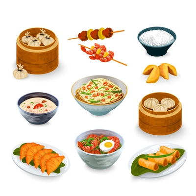 Asian food decorative icons set with fortune cookies isolated vector illustration