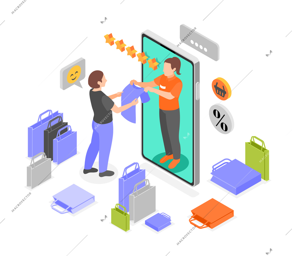 Online shopping isometric vector illustration with woman making purchases on internet using smartphone