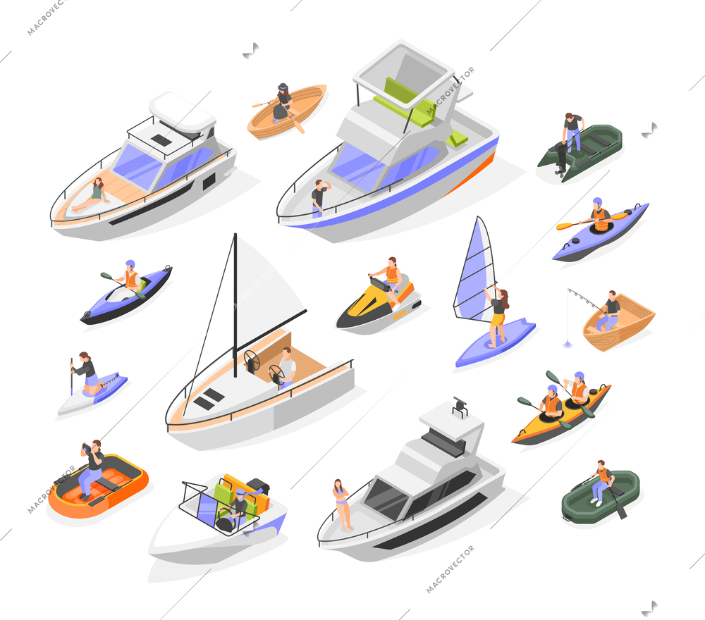 Nautical vessels isometric icons set with kayak canoe and sailing ship isolated vector illustration