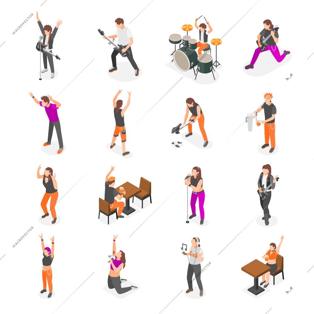 Rock music isometric icons set with musicians and fan people isolated vector illustration