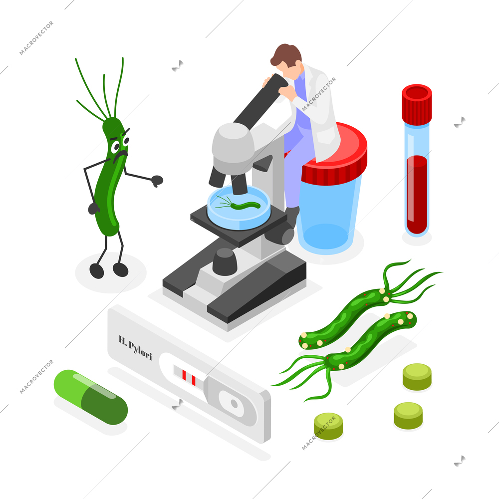 Helicobacter pylori isometric vector illustration of equipment for diagnostics and medicines for treatment of disease