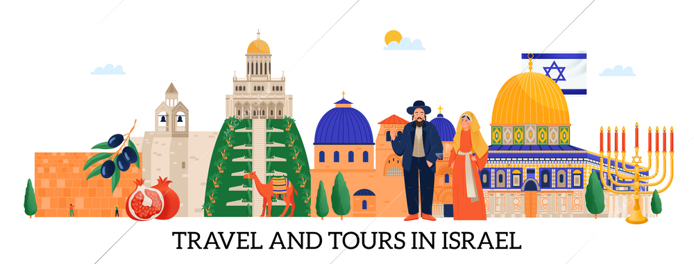 Travel and tours to israel flat horizontal banner with people architectural sights and nature vector illustration