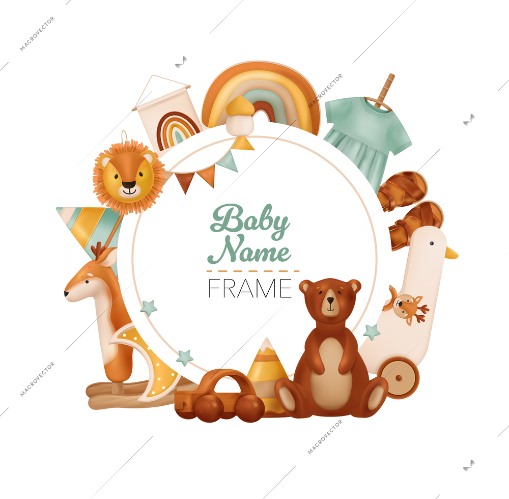 Round retro frame for baby name decorating with toys in boho style realistic vector illustration