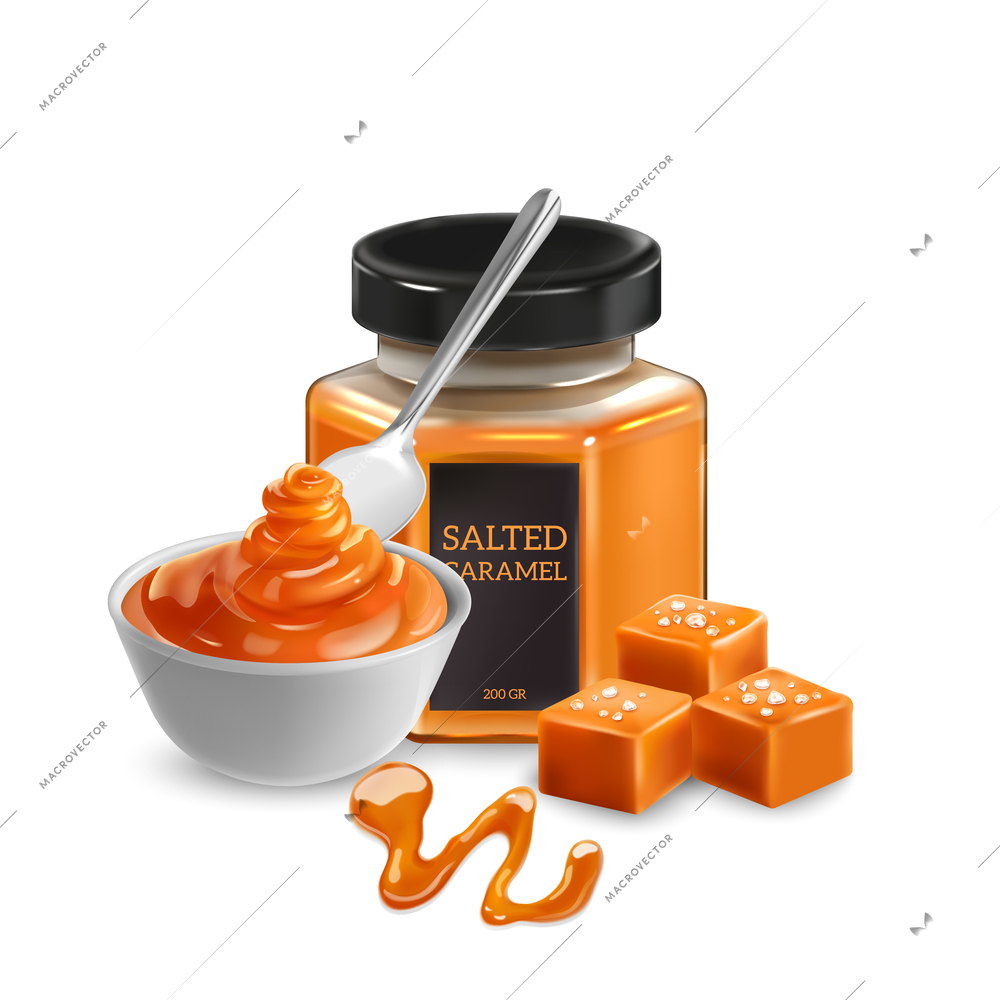Salted caramel realistic composition with liquid candy cream and toffee candies vector illustration