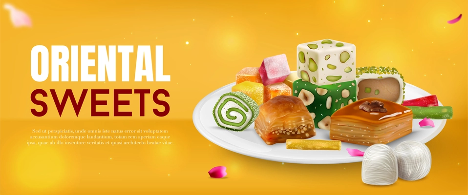 Oriental sweets composition with realistic turkish baklava nougat and other delights vector illustration