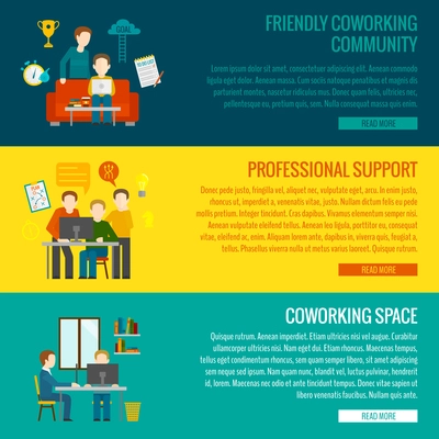 Coworking space center banner set with friendly community professional support elements isolated vector illustration