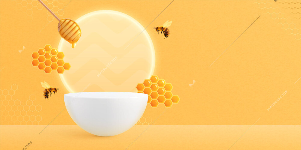 Honey background podium mockup realistic composition with images of bees honeycomb and pedestal with shiny circle vector illustration