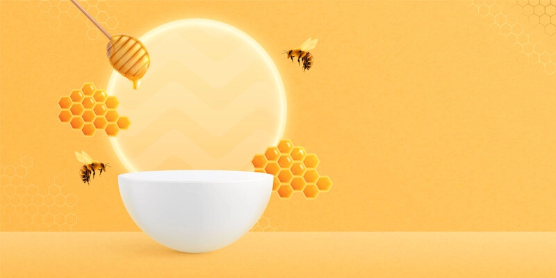 Honey background podium mockup realistic composition with images of bees honeycomb and pedestal with shiny circle vector illustration