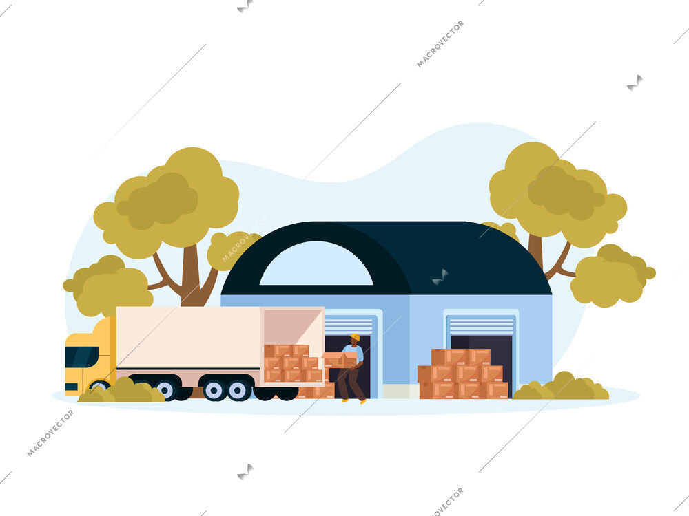 Warehouse logistic flat composition with delivery truck near storage house vector illustration