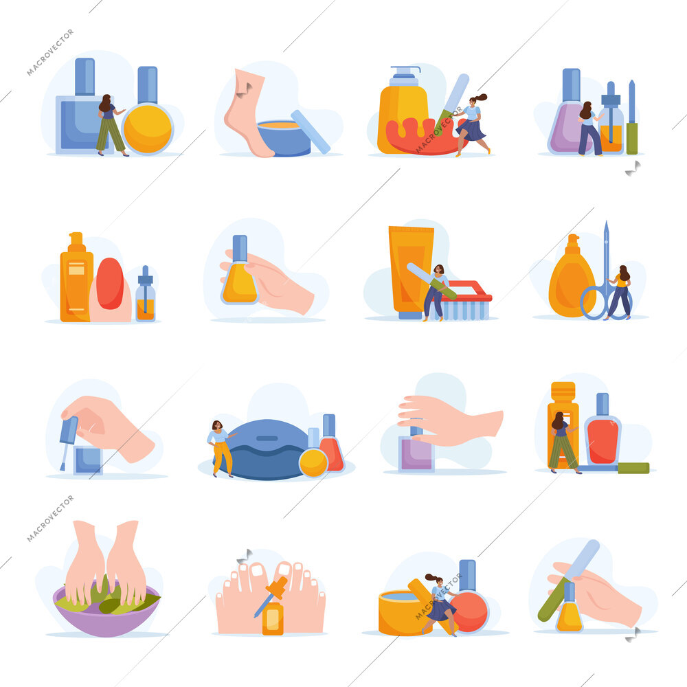 Manicure and pedicure flat icons set with nail care symbols isolated vector illustration