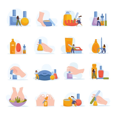 Manicure and pedicure flat icons set with nail care symbols isolated vector illustration