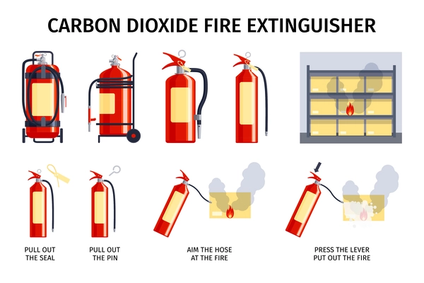 Fire extinguisher set with isolated icons of carbon dioxide fire stopper bottles with editable text captions vector illustration