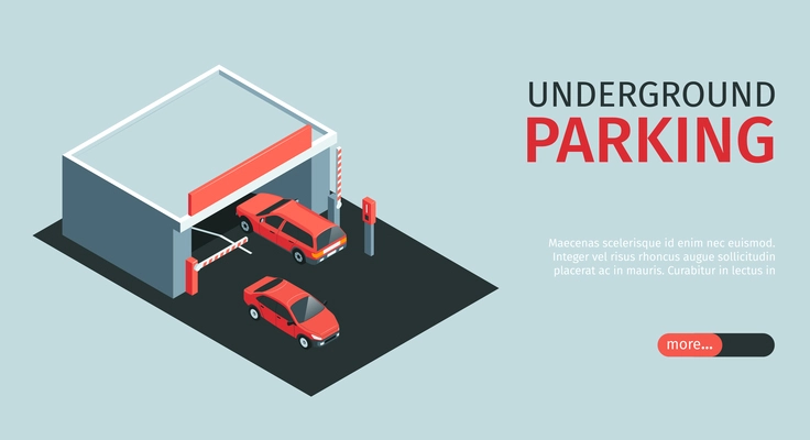 Isometric parking horizontal banner with editable text slider more button and cars near entrance to underground vector illustration