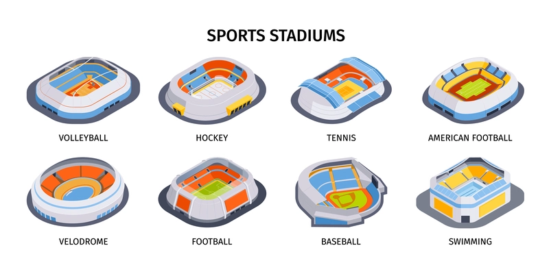 Isometric stadium set of isolated icons with arenas for different kinds of sports on blank background vector illustration