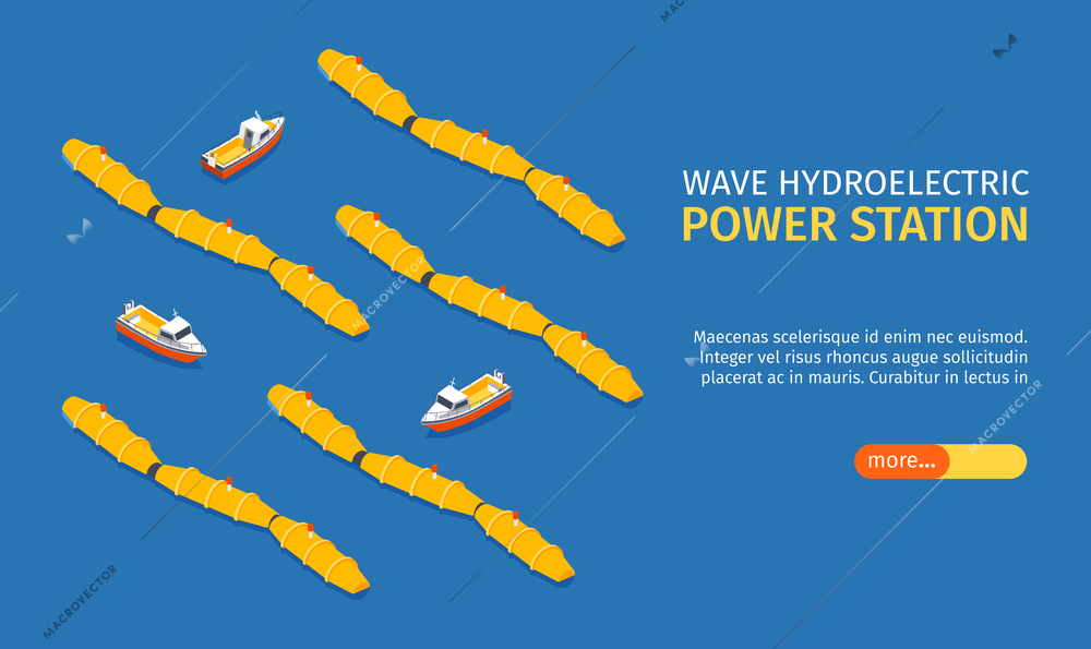 Isometric hydroelectric power station horizontal banner with editable text slider more button floating barriers and ships vector illustration