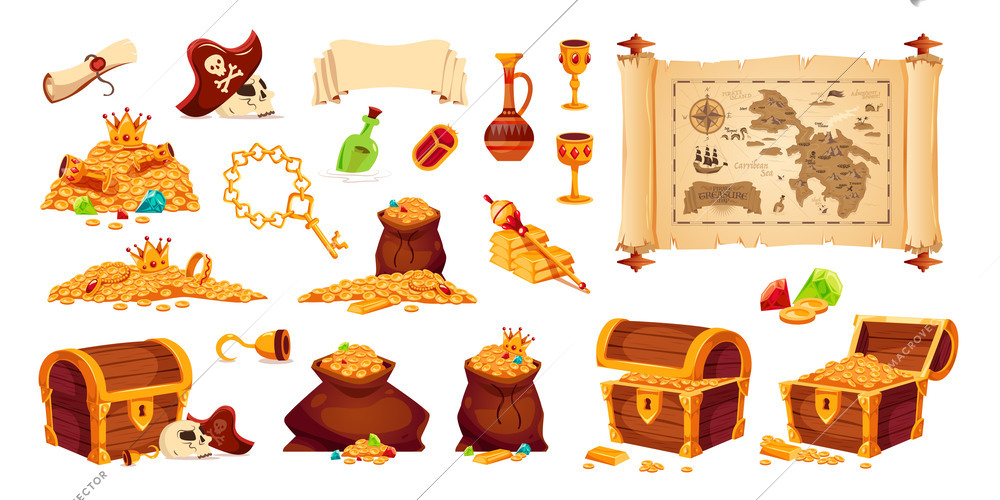 Pirate treasures cartoon set of icons with chests gold jewels map human skull cups isolated vector illustration