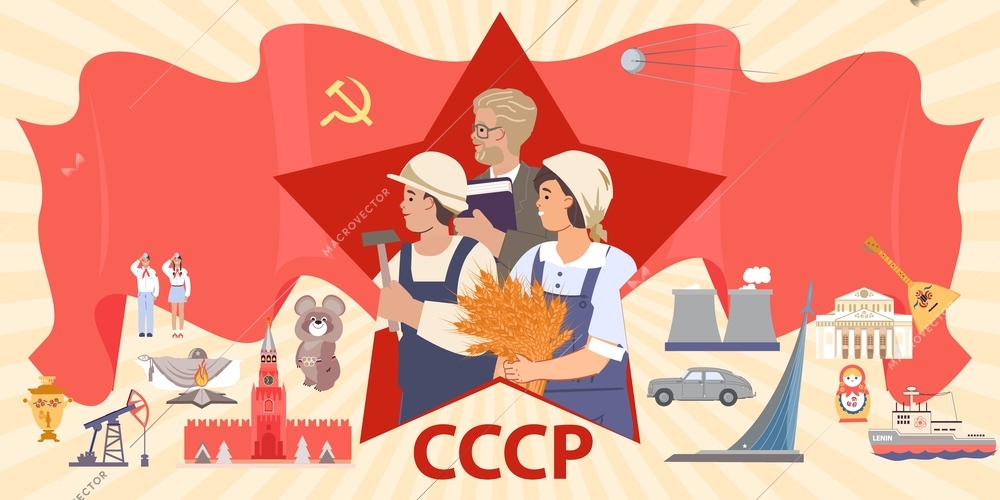 Flat composition of ussr symbols with soviet people kremlin pioneers eternal flame balalaika hammer and sickle vector illustration