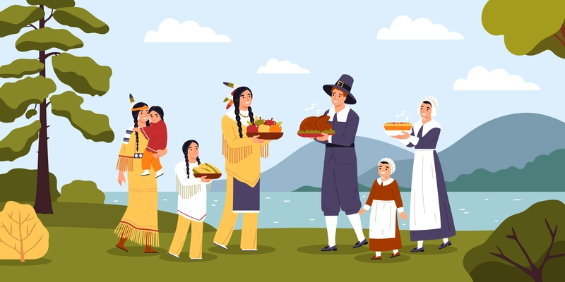 Families wearing costumes of native americans and pilgrims celebrating thanksgiving day flat vector illustration
