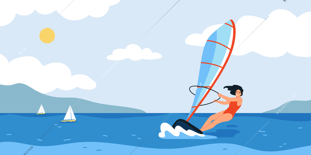 Flat water sport concept with happy woman windsurfing vector illustration