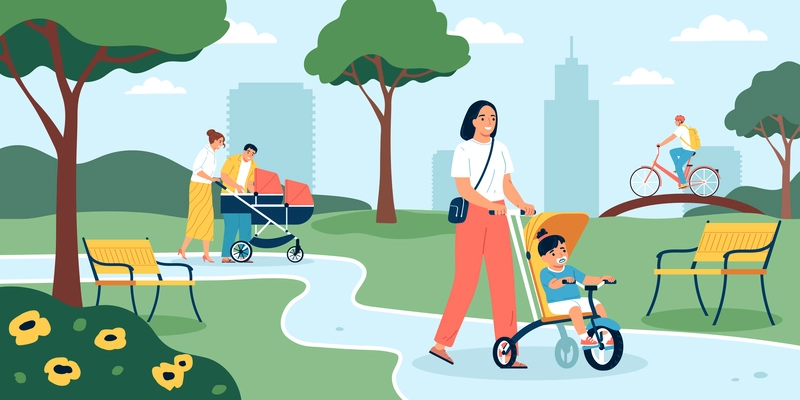 Baby carriage prams composition with outdoor scenery of public garden with adult characters pulling baby strollers vector illustration
