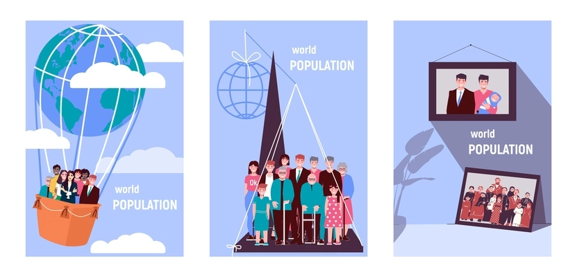 Population world demographics set of three vertical compositions with text and human characters of different age vector illustration